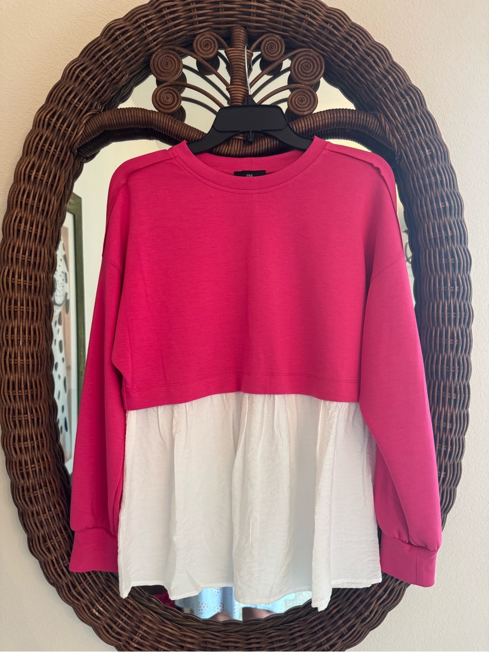 I.N. San Francisco Pink Layered Crewneck Sweater with White Hem